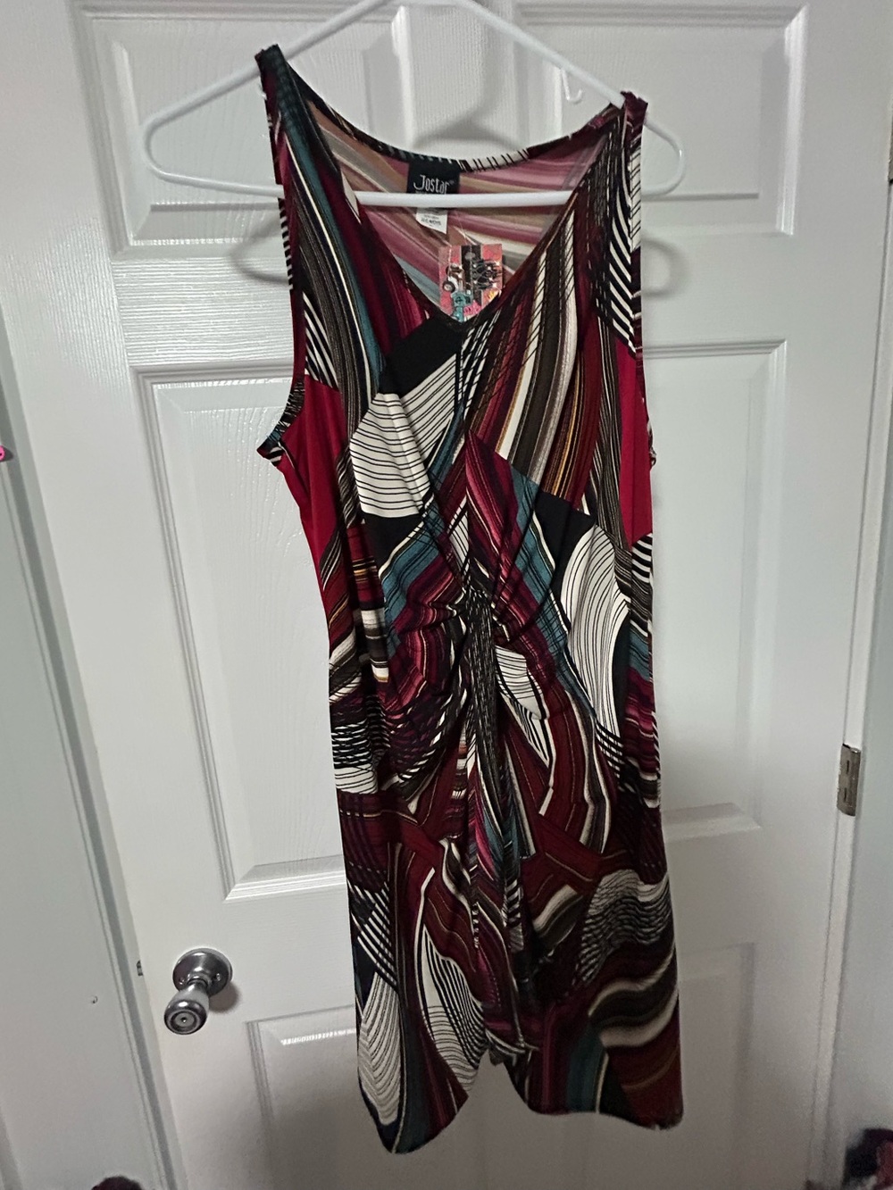 Jostar  Women’s Sleeveless Burgundy Multi-Stripe Wrap Dress